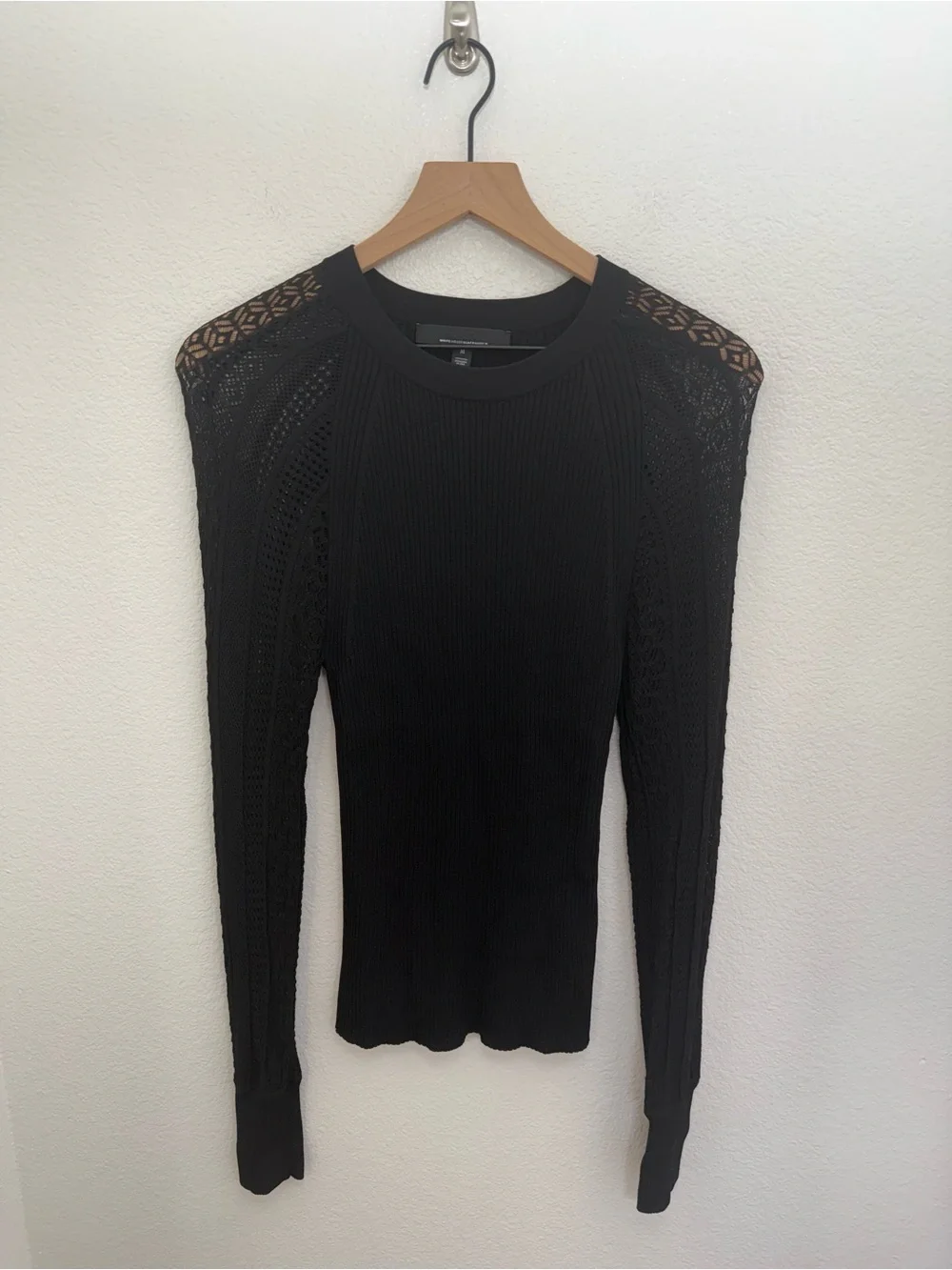 WHBM Pointelle Ribbed Knit Crochet Raglan Black Sweater Whimsigoth Layering M